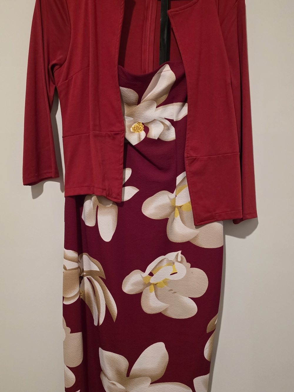 iHot Burgundy Floral Midi Dress with Matching Cardigan & Black Belt Size L